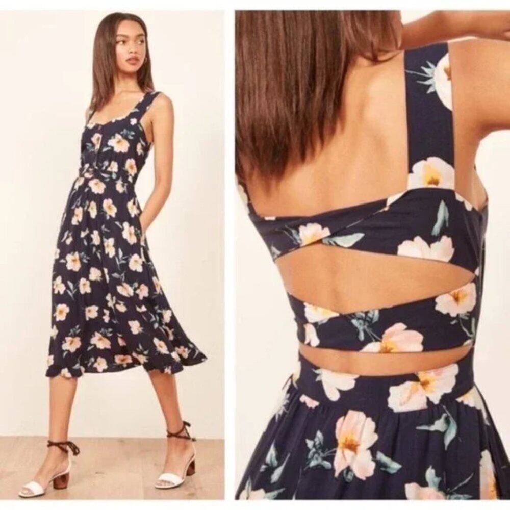 NEW Reformation Dress Floral Lanai Navy Blue Floral Cutout Back Midi Dress XS - Picture 12 of 13